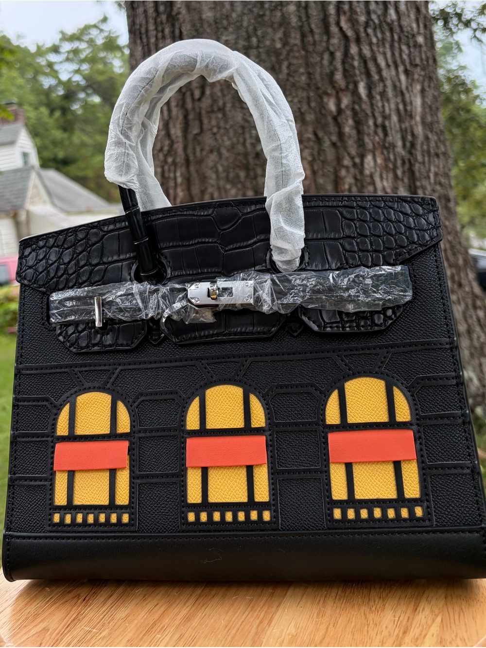 Black Structured Real Leather Bag with Yellow & Orange Window Accents